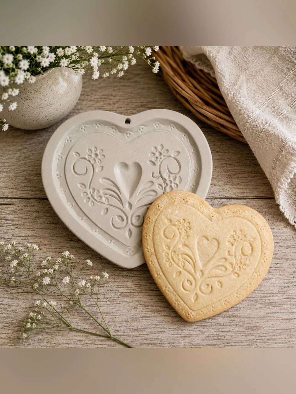 Vintage Heart Stoneware Shortbread Cookie Mold/Floral Butter Cookie Press